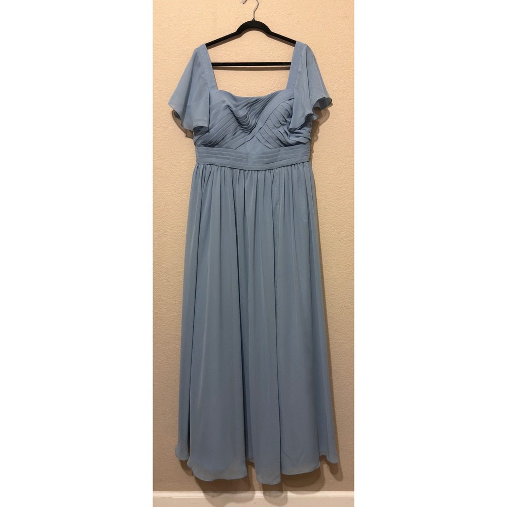 JJs House Maxi Dress Dusty Blue Chiffon Flutter Sleeve Pleated Formal 16 NWT